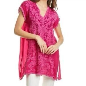 Johnny Was Fuchsia Embroidered V Neck Tunic Top Silk